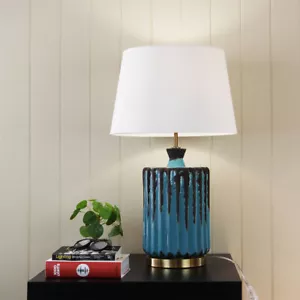 Oriel Lighting AZURE Ancient Ceramic Jar Table Lamp w White-Linen Shade - Picture 1 of 2