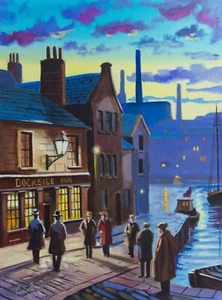 Original Northern Art oil painting - Night at the Dockside Inn - Picture 1 of 2