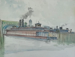 KNICKERBOCKER STEAMSHIP WARREN WESTBO SIGNED ORIGINAL PAINTING HUDSON RIVER N.Y. - Picture 1 of 19