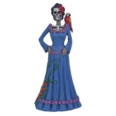 Dia dos Mortos Dama em Vestido Azul com Papagaio Estatueta Esqueleto Feminino Novo - Imagem 1 de 2