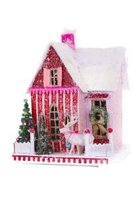Candy Cane Bungalow Casa de Pueblo de Vacaciones Cody Foster Grande 11" Putz Rosa Rojo - Imagen 1 de 9