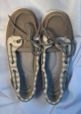 Sperry Top Sider Leather Brown Check Slip On Boat Shoes Women’s 7M Memory Foam - Image 1 of 4