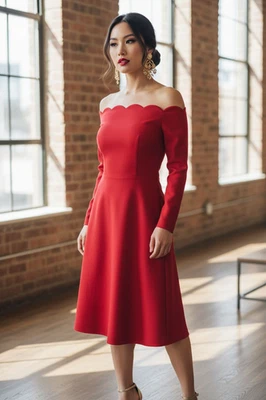 Vestido midi Belle Poque para mujer M Betty Boop rojo festoneado fuera del hombro Rockabilly Foto 1 de 4