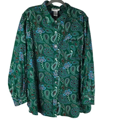 Blusa Mainstreet Blues 2X Verde Paisley Floral Plus Botón Frontal Elástico Top Foto 1 de 4