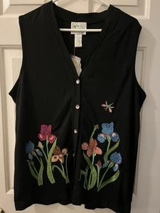The Quacker Factory Black Polyester Knit Vest SIZE L Applique Irises Beads - NWT - Picture 1 of 7