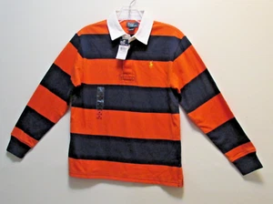 Ralph Lauren Polo Shirt Boys M 10- 12 Orange Blue Striped Rugby Long Sleeve New - Picture 1 of 13