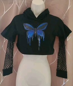Girls Butterfly Hoodie Crop With Mesh Panel Sleeves Size 9-10 Years Free Ship - Picture 1 of 6