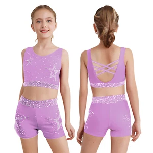 Kids Girls Set Dance Suit Activewear Outfit Rhinestones Athletic Sport U Neck - Picture 1 of 48