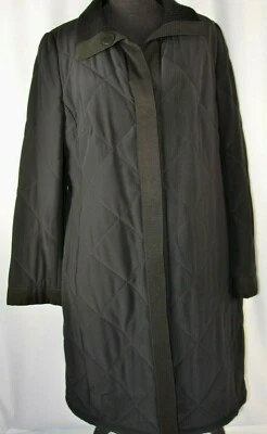 Akris Women's Quilted Coat Black Long Size 12 Switzerland Silk Warm Snaps Casual - Image 1 of 4