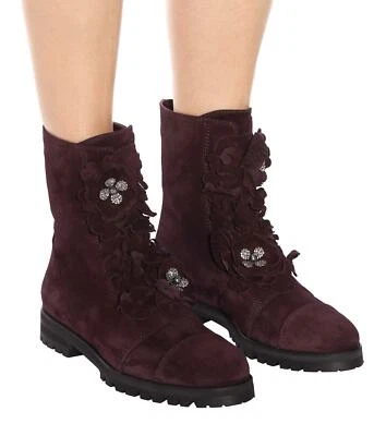 JIMMY CHOO Havana Flat Burgundy Suede Boots Floral Flower 40 EU 10 US NIB$1500 - Image 1 of 4