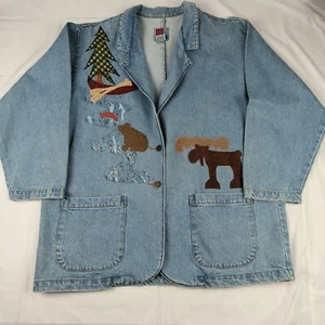 Vintage DISTRESSED Denim Blazer Folk Art Applique Sun Belt Denim Size L Animals - Picture 1 of 22