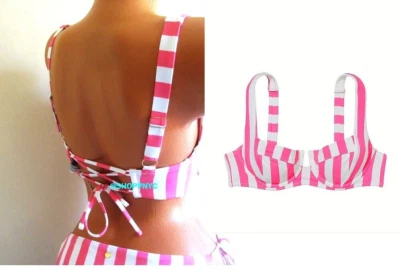 Top de bikini VICTORIA SECRET SWIM 34DDD con cordones espalda y tiras blanco rosa a rayas Foto 1 de 4