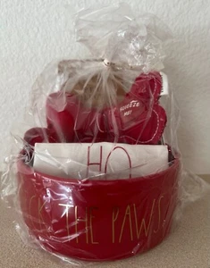 New 4 Pc Rae Dunn DECK THE PAWS 6” Red Pet Bowl Bandana Dog Toys Gift Set New! - Picture 1 of 6