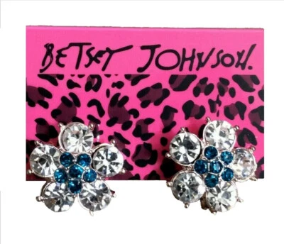 Betsey Johnson Sparkling Crystal Blue Flower Gold Stud Earrings Free Gift Bag - Image 1 of 3