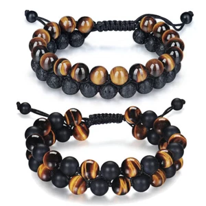 8mm Tiger Eye Lava Onyx Triple Bead Protection Healing Energy Bracelets Bangle - Picture 1 of 29