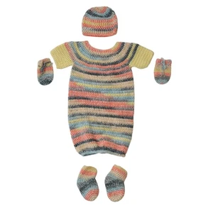 Häkel Baby Set Kleid Beanie Booties Fäustlinge Handarbeit Kleinkind 0-3 Monate - Bild 1 von 11