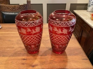 ANTIQUE PAIR (2) BOHEMIAN RED CRYSTAL CUT TO CLEAR VASES - 10 1/2” - Picture 1 of 6