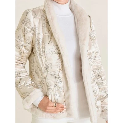 CHICOS Satin Floral Reversible Faux Fur Jacket Vintage Ivory Sz 2/Large NWT $169 - Image 1 of 4