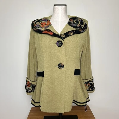 Size XL. Design Today Olive Green Peplum Jacket w/ Floral Accents. New w/ Tags! - Image 1 of 4