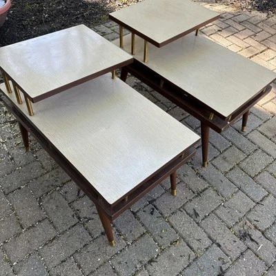 Pair Mid-Century Atomic 2-Tier Walnut & Laminate End Side Accent Table MCM Brown - Image 1 of 4