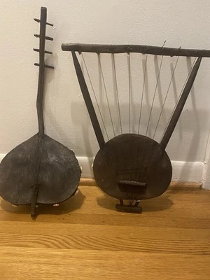 Kenyan Antique Hand Carved Wood Lyre Harp & 4 String Adungu Set - Image 1 of 4