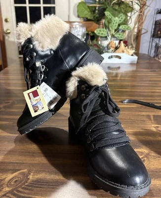 Botas Drexlite de cuero con adornos de piel para mujer talla 7 negras con cordones nuevas con etiquetas senderismo Foto 1 de 4