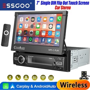 Single 1 DIN 7" Carplay Car Stereo Radio Head Unit Flip Out Touch Screen USB Cam - Picture 1 of 15