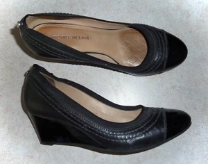 ANTONIO MELANI - BLACK LEATHER & PATENT WEDGE PUMPS w/STITCH DETAIL- LADIES 7.5M - Picture 1 of 4