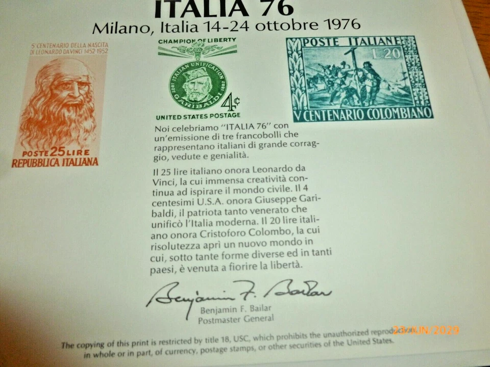 Italy 1976 Italia 4c Postage Sheet - Image 1 of 3