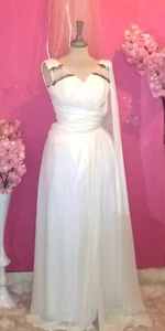 WEDDING DRESS BEADED V NECK SLEEVELESS WHITE BRIDAL DRESS WITH TRAIN ( SIZE 38 ) - Picture 1 of 4