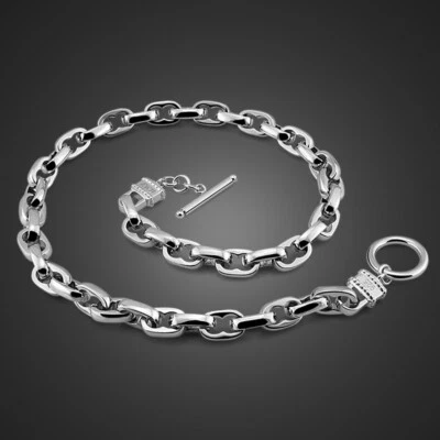 Collar de dos cerraduras de cadena de eslabones ovalados de plata de ley 925 de 9 mm para hombre y mujer de 22" Foto 1 de 4