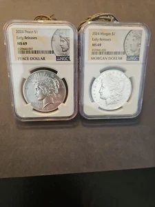 2024 Morgan and Peace Silver Dollar 2-Coin Set Early Release MS69 NGC - Picture 1 of 2