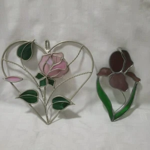 2 Handmade Stained Glass Heart 8" 3D Rose Floral Suncatcher Orchid/Iris Pink - Picture 1 of 7