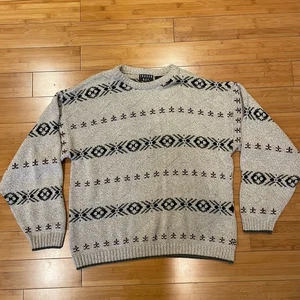 Vintage 90s TRADER BAY Beige Fair Isle Knit Sweater Crewneck Size L USA - Picture 1 of 7