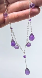 Enchanting, Multi Natural Amethyst Briolette Necklace In Sterling Silver. 18" - Picture 1 of 3