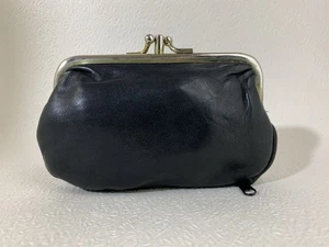 1950s Vintage Black Leather Mixed Lining Double Sided Kiss Clasp Coin Purse - Picture 1 of 16