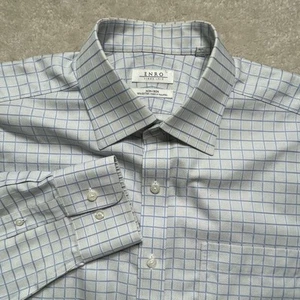 Enro Non-iron Cotton Windowpane Button Up Shirt Mens 16.5 34-35 Long Sleeve Blue - Picture 1 of 9