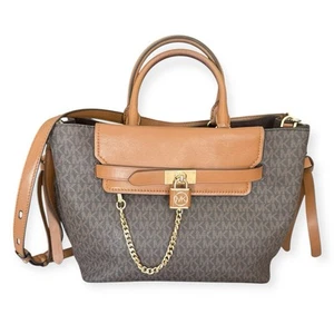Michael Kors Brown Monogram Medium Tote with Padlock & Chain Shoulder Strap - Picture 1 of 18