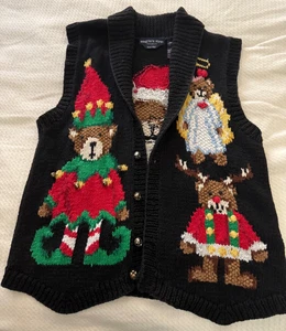 Cárdigan de Navidad tejido a mano ojo de águila suéter chaleco talla M 1994 Santa oso de peluche - Imagen 1 de 8