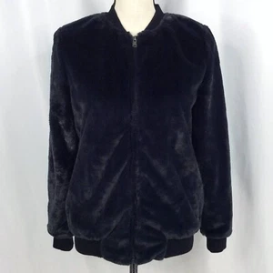 ROXY Faux Fur Bomber Jacket Womens Small Black Shiny Full Zip Soft Winter - Picture 1 of 9