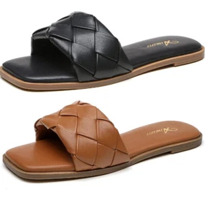 Women Slide Sandals Square Toe Flat Sandals Slip On Summer Walking Casual Shoes - Picture 1 of 25