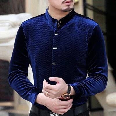 Men New Evening Business Shirt Velvet Slim Fit Dress Formal Winter Tops Suede - Image 1 of 4