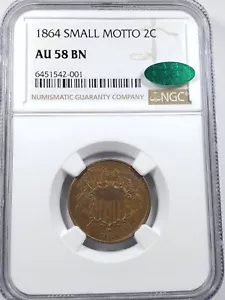 1864 NGC & CAC AU58 Two Cent Piece Small Motto EVERYMAN SET - Picture 1 of 4