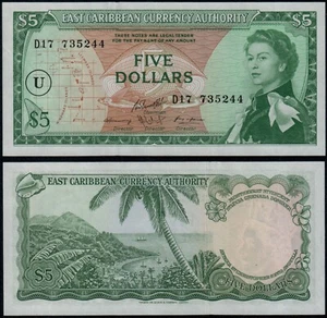 STATI DEI CARAIBI ORIENTALI 5 DOLLARI (P14o) N.D. (1965) QEII SOVRASTAMPA U UNC - Foto 1 di 1