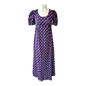 Vintage Ditsy Dark Floral Empire Waist Maxi Dress Puff Sleeve Size Small Blue - Picture 1 of 7