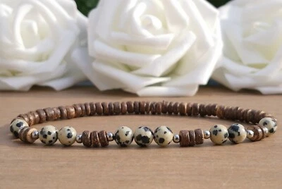 Dalmatian Jasper & Coconut Shell Stone & Wood 6mm Small Beaded Boho Bracelet Foto 1 de 4