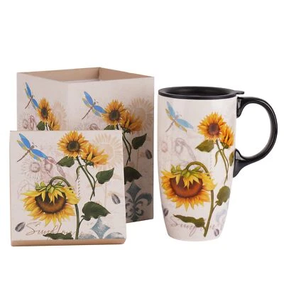 Daisy Flower Ceramic Travel Coffee Cup with Lid and Handle Porcelain 17oz - Image 1 of 4