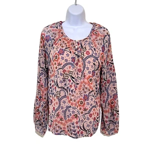 LOFT - Pink Floral Chiffon Peasant Round Neck Long Sleeve Blouse S - Picture 1 of 11