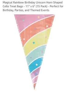 Unicorn Horn Shaped Rainbow Cello Treat Bags. 11" x 6" 15CT - Picture 1 of 3