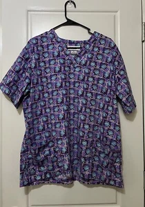 Scrub Top Shirt Womens Short Sleeve Medium Blue Florals On A Purple Base Elegant - Picture 1 of 7